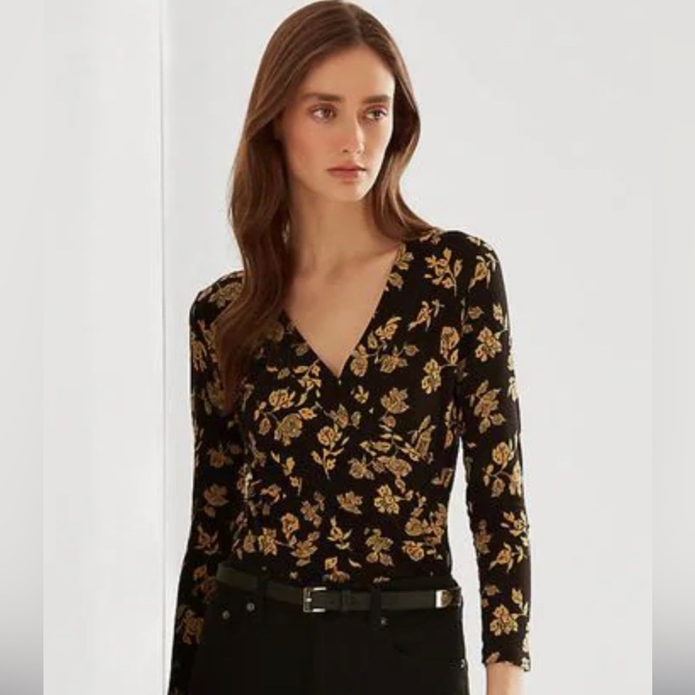 Lauren by Ralph Lauren Black Floral “Alayja” Wrap top.